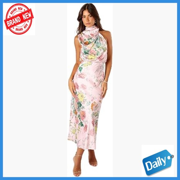 Midi Dress Halter Neck Sleeveless Satin Formal Occasion Wear